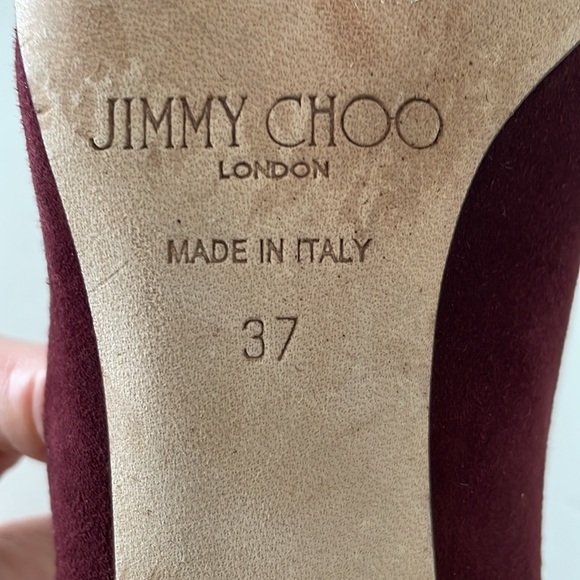 Jimmy Choo Burgundy Suede Pump w/ Patent Leather Heel - Picture 13 of 14